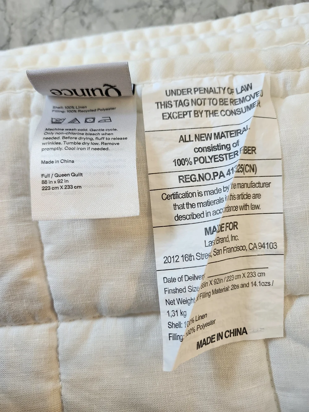 Quince European Linen Box Quilt White Full/Queen 88x92 EUC OEKO-TEX
